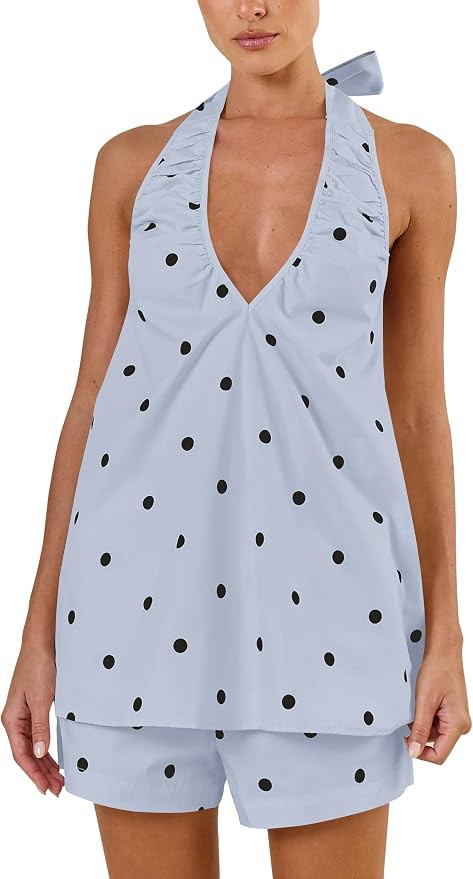 Polka Dot Short Sets for Women Deep V Neck Sleeveless Halter Top High Rise Shorts Matching 2 Piec... | Amazon (US)