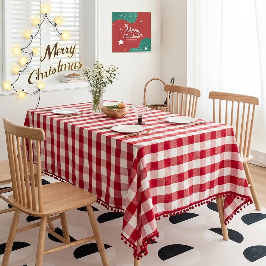 Jubilantex Square Buffalo Plaid Table Cloth Decorative Tablecloth with Tassel Red and White Rusti... | Amazon (US)