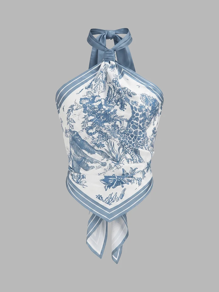 Porcelain Print Scarf Style Halter Blouse | Commense
