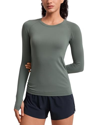 CRZ YOGA Seamless Long Sleeve Shirts for Women Hip Length - Workout Athletic Running Gym Yoga Tops Breathable Crewneck Tshirt Grey Sage XX-Small | Amazon (US)