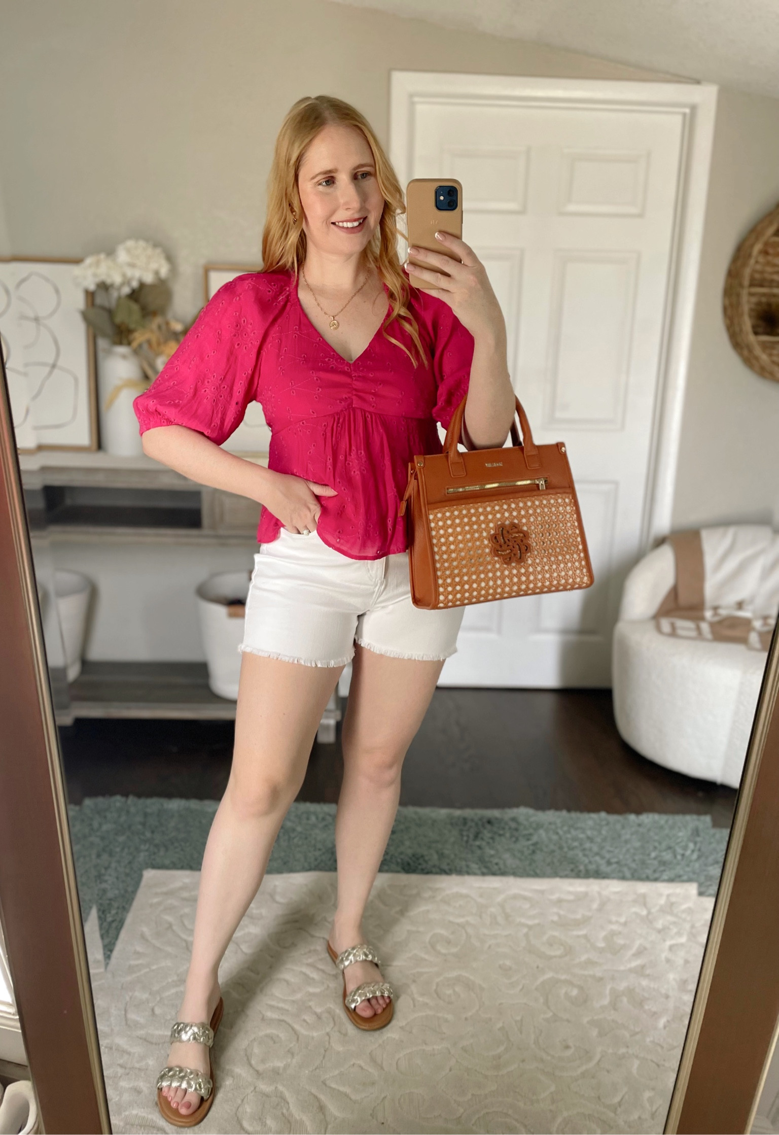 Sofia Jeans by Sofia Vergara Women’s Eyelet Baby Doll Top (size M) White denim shorts (size 10)

#LTKunder50 #LTKSeasonal #LTKsalealert