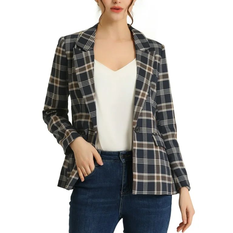 Allegra K Women's Notched Lapel One Button Hip Length Houndstooth Blazer | Walmart (US)