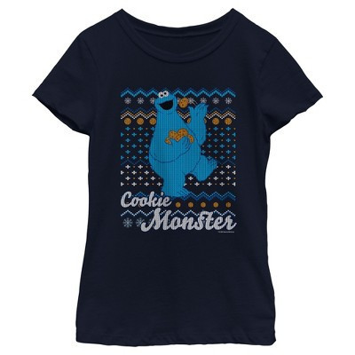 Girl's Sesame Street Cookie Monster Ugly Christmas Sweater Print T-Shirt - Navy Blue - Medium | Target