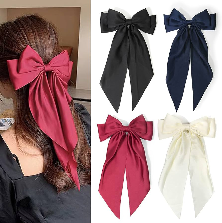 Large Bow Hair Barrette Clips Slides Silky Satin Hair Clip for Women French Long Tail Metal Clips... | Amazon (US)