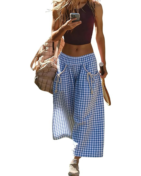 SeekMe Women's Gingham Wide Leg Pants Elastic Waist Plaid Palazzo Trousers Summer Casual with Poc... | Amazon (US)