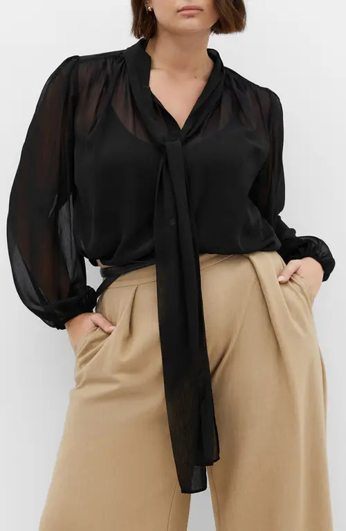 City Chic Seline Tie Neck Chiffon Shirt in Black at Nordstrom, Size Xs | Nordstrom
