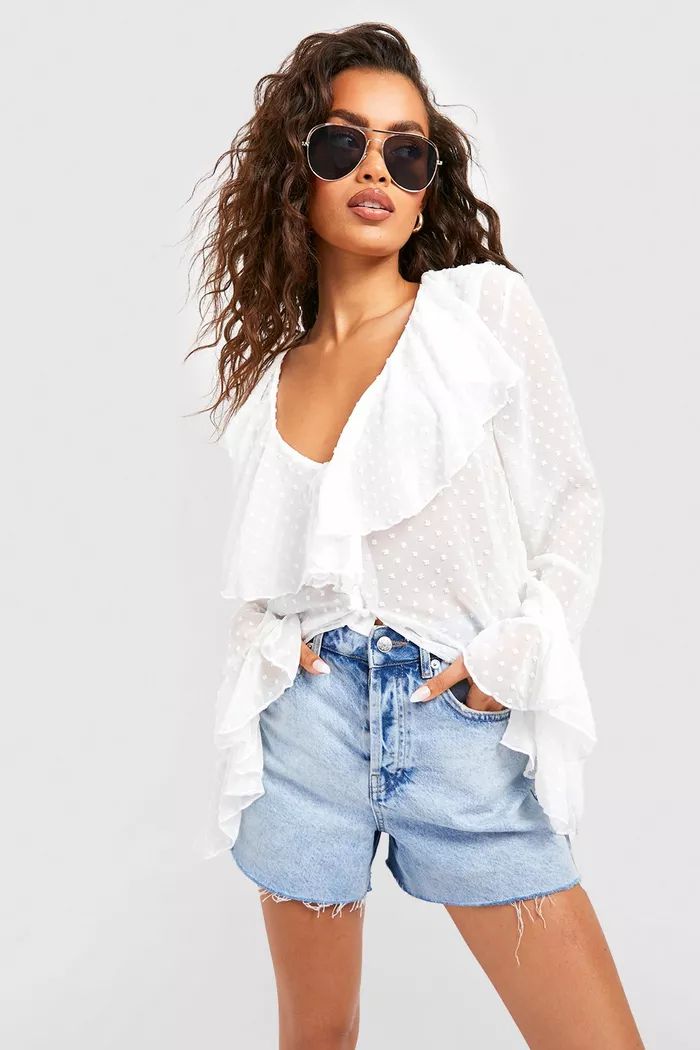 Dobby Chiffon Ruffle Open Front Blouse | Boohoo.com (US & CA)