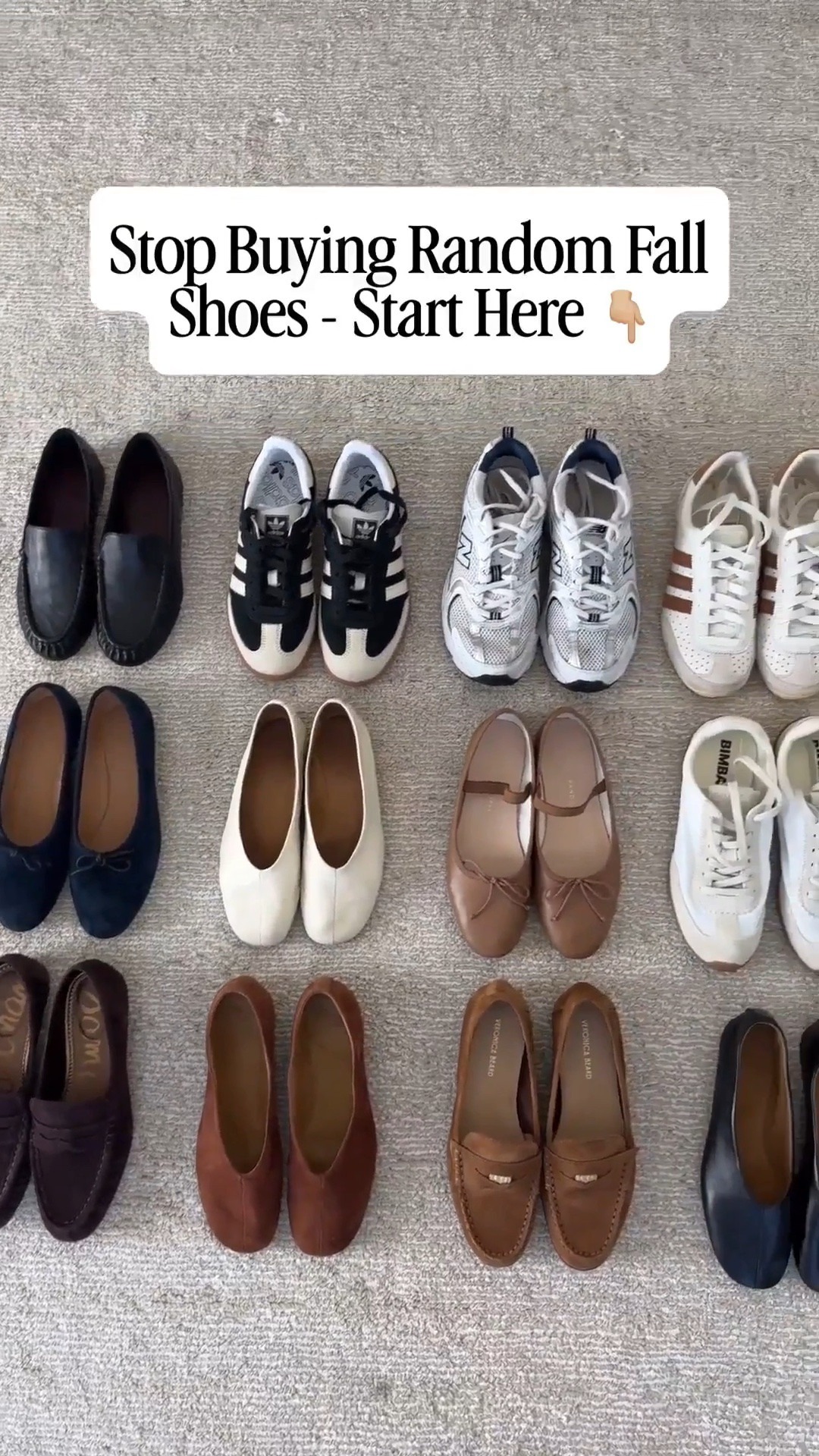 My early Fall shoe lineup. No new out of the box silhouettes. Simple basics that I’ll wear again next year. 

Vince black loafers 5
Madewell suede ballet flats 5.5 - old
Sam Edelman brown loafers 5
Adidas Samba size 5
Reformation cream flats 5
Reformation Cognac suede flats 5. Run a half size small
New Balance 530’s 5.5
Loeffler Randall Leonie flats 5.5
Veronica Beard loafers 5.5
Adidas Japans 5
Bimba Y Lola sneaker s5. Run big
Reformation black flats 5
Varley sneakers 6 - run roomy
Adidas Japan Lux 5
Madewell suede flats 5 - old.