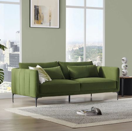 Green velvet sofa 🛋️. Love ❤️. Need to find a spot for this affordable BEAUTY.  Comes in 2 colors. 

Mid century sofa / mid century couch / transitional style / boujee on a budget / living room / 

#LTKHome