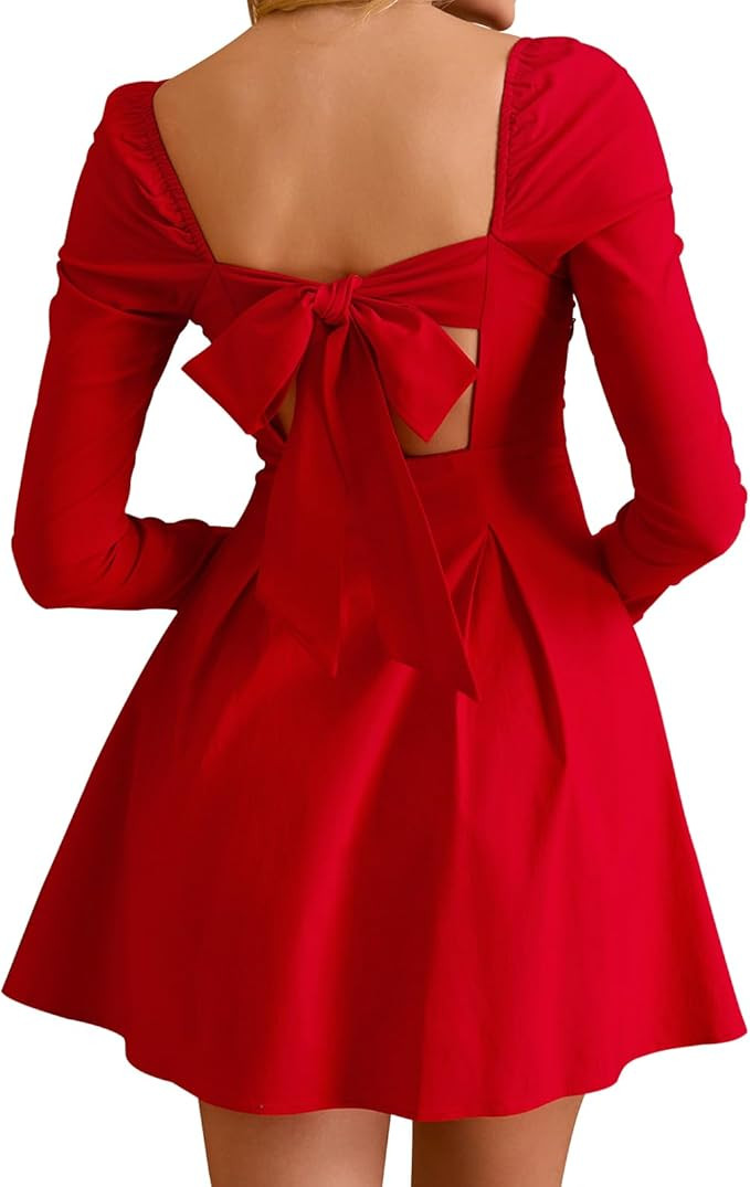Women Long Sleeve Fall Mini Dress Bow Tie Party Cocktail Wedding Guest Square Neck Short Dresses | Amazon (US)