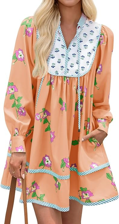 Wenrine Womens Casual Floral Mini Dress 2025 Fall Long Sleeve V Neck Patchwork Loose Boho Shirt D... | Amazon (US)
