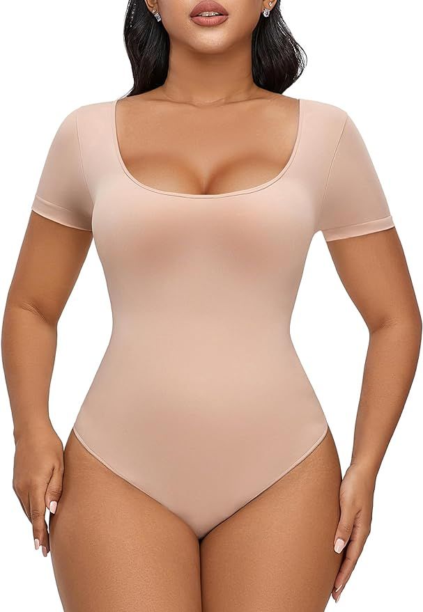 SHAPERX Seamless Short Sleeve Bodysuit for Women Tummy Control Shapewear Thong Sculpting Body Sha... | Amazon (US)