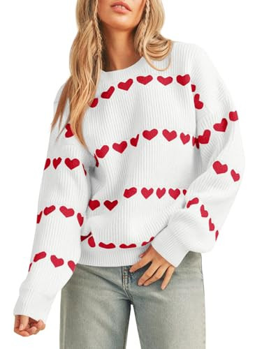 Saodimallsu Womens Heart Sweater Valentine Crew Neck Cute Ribbed Knit Loose Casual Pullover Sweaters Tops White | Amazon (US)