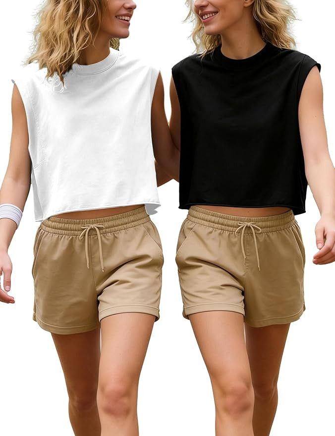 2 Pack Women's Workout Crop Tank Tops Crew Neck Sleeveless Oversized Loose Fit Gym Yoga Casual Sh... | Amazon (US)