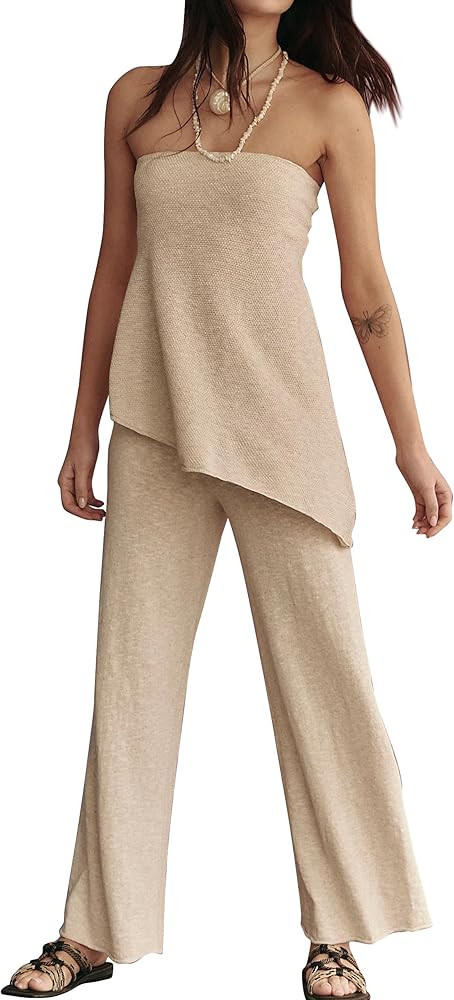 Anoumcy 2 Piece Sets for Women Tube Tops and Pants Lounge Sweater Sets Summer Beach Travel Vacati... | Amazon (US)