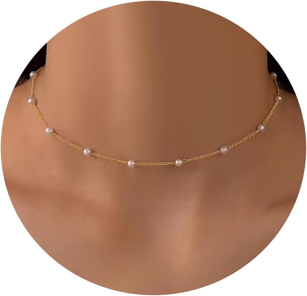 Gold Pearl Necklace for Women, 14K Gold Plated Layered Pearl Necklaces for Women Trendy Simple He... | Amazon (US)