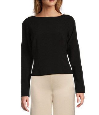 x Elizabeth Damrich Seashell Crepe Boat Neck Long Sleeve Blouse | Dillard's