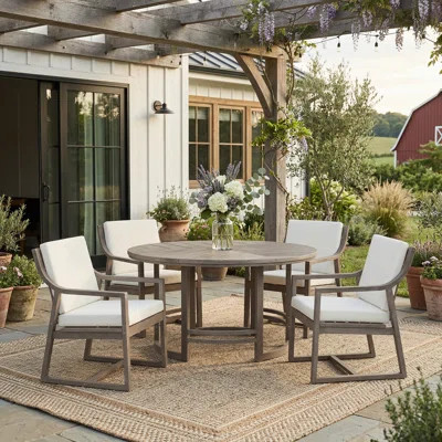5-Piece Outdoor Acacia Wood Patio Dining Set with 59.1"D Round Table and Cushions | Wayfair North America