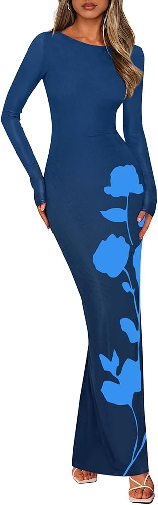 PRETTYGARDEN Bodycon Maxi Dress 2025 Fall Floral Long Sleeve Sexy Mesh Cocktail Wedding Guest Lon... | Amazon (US)