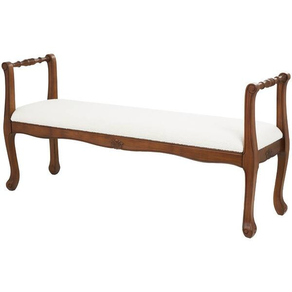 Cream Fabric Arm Bench with Brown Traditional Wood Turned Legs, 55" x 16" x 27" | Bed Bath & Beyond