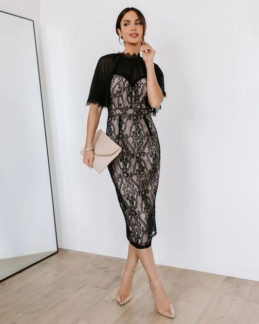 Bring On The Night Lace Chiffon Sleeve Midi Dress - Black | VICI Collection