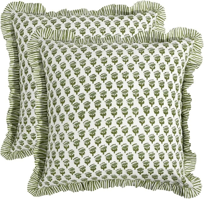 CPC Block Print Ruffle Throw Cover Emerald Green 20"x20" Inch Pack of 2-100% Cotton Ruffle Couch Decorative Boho Pillows Case for Living Room, Bedroom, Sofa, Farmhouse Gift for Spring, Mother's Day | Amazon (US)