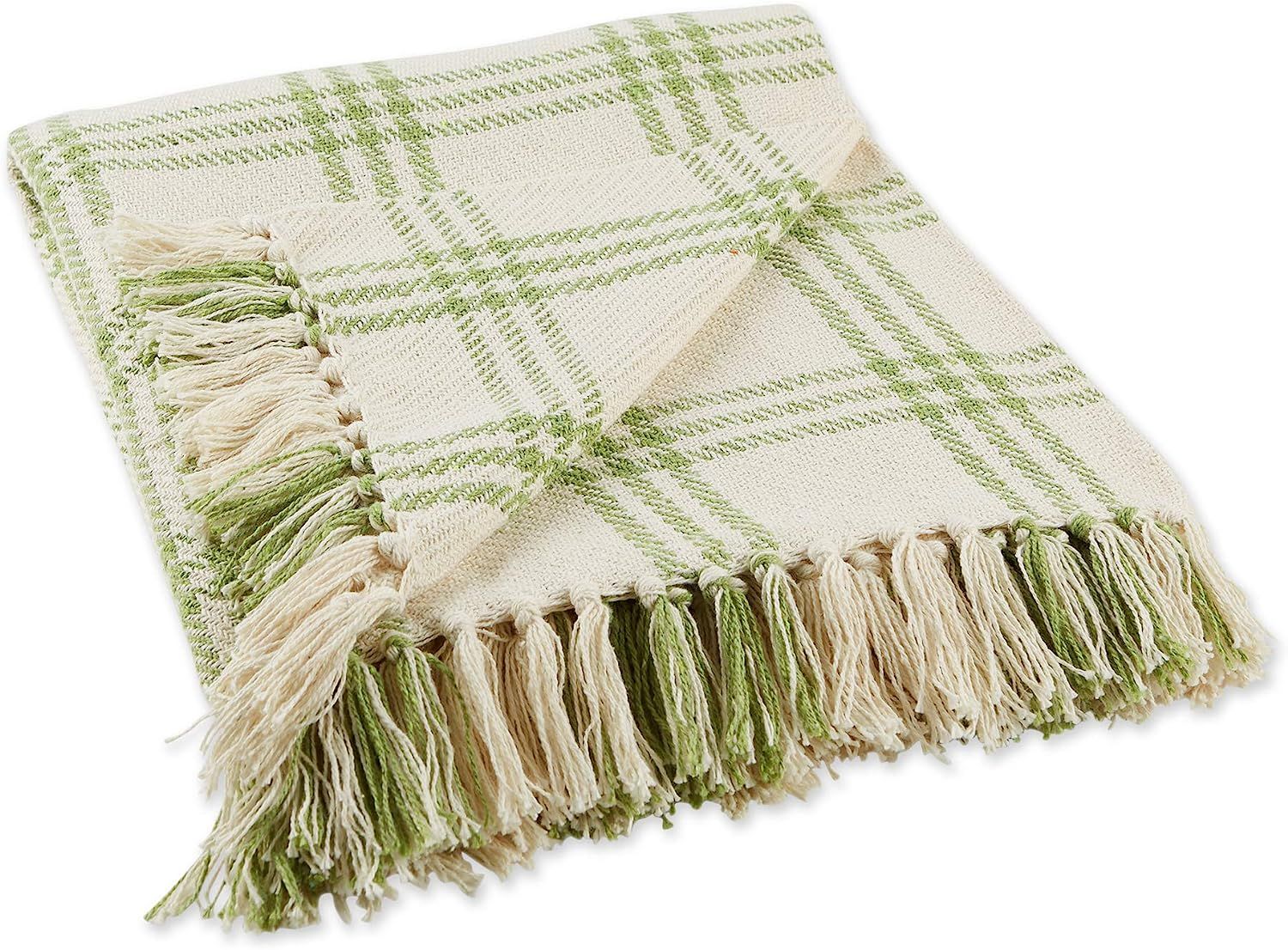 DII Modern Farmhouse Plaid Collection Cotton Fringe Throw Blanket, 50x60, White/Antique Green | Amazon (US)