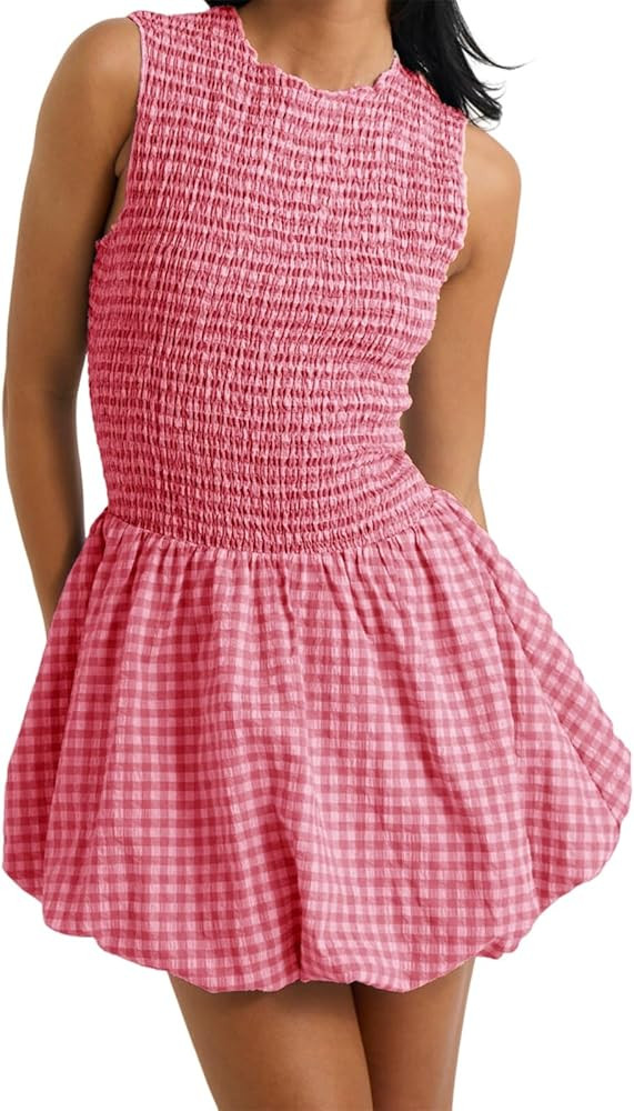 Tempura Women Gingham Tank Dress Smocked Round Neck Sleeveless Mini Bubble Dresses Going Out Part... | Amazon (US)