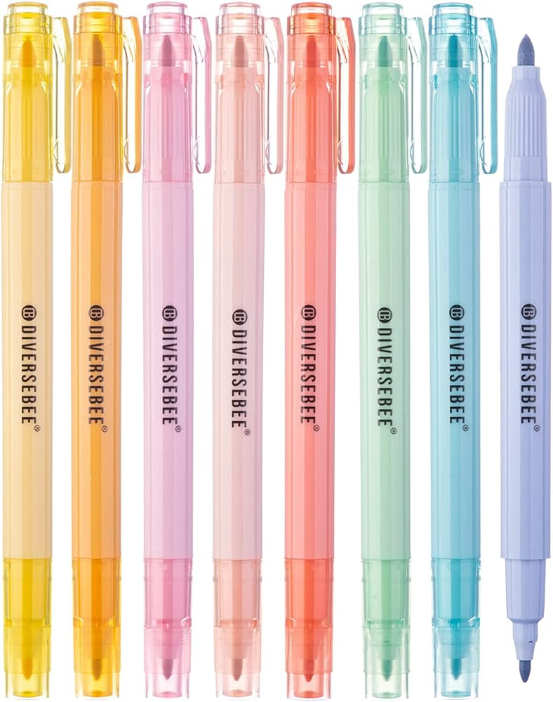 DIVERSEBEE Dual Tip Highlighters and Pens No Bleed, 8 Pack Assorted Colors Quick Dry Cute Markers... | Amazon (US)