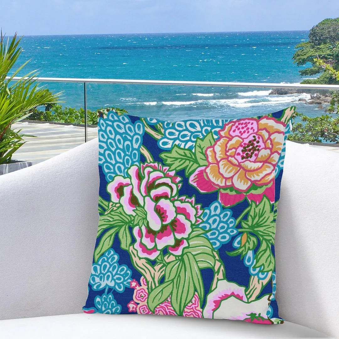 Outdoor Blue And Pink Chinoiserie Floral Pillow Covers Couch Bench Decor Vintage Print Outdoor Pi... | Etsy (DACH)