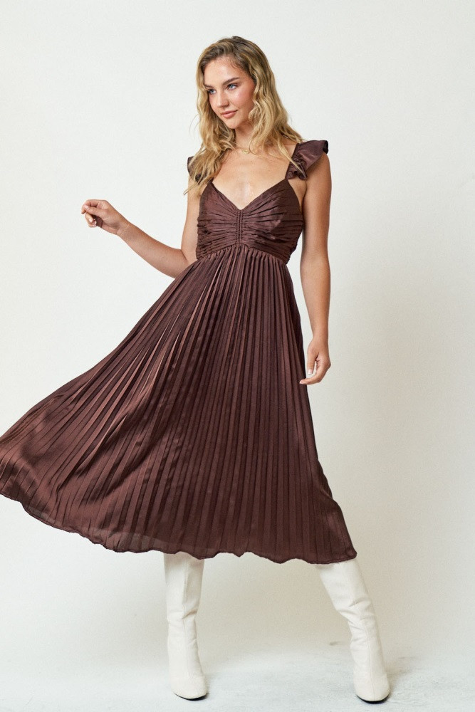Brown Sleeveless Pleated Dress | PinkBlush Maternity