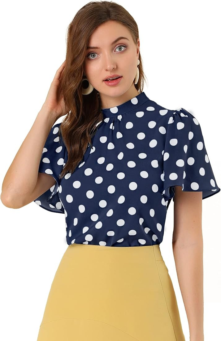 Allegra K Women's Polka Dots Blouse Stand Collar Pleat Keyhole Back Short Flare Sleeve Tops | Amazon (US)