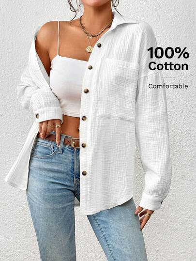 SHEIN Essnce Drop Shoulder Pocket Patched Button Front Shirt,Long Sleeve Tops SKU: sz230406383796... | SHEIN
