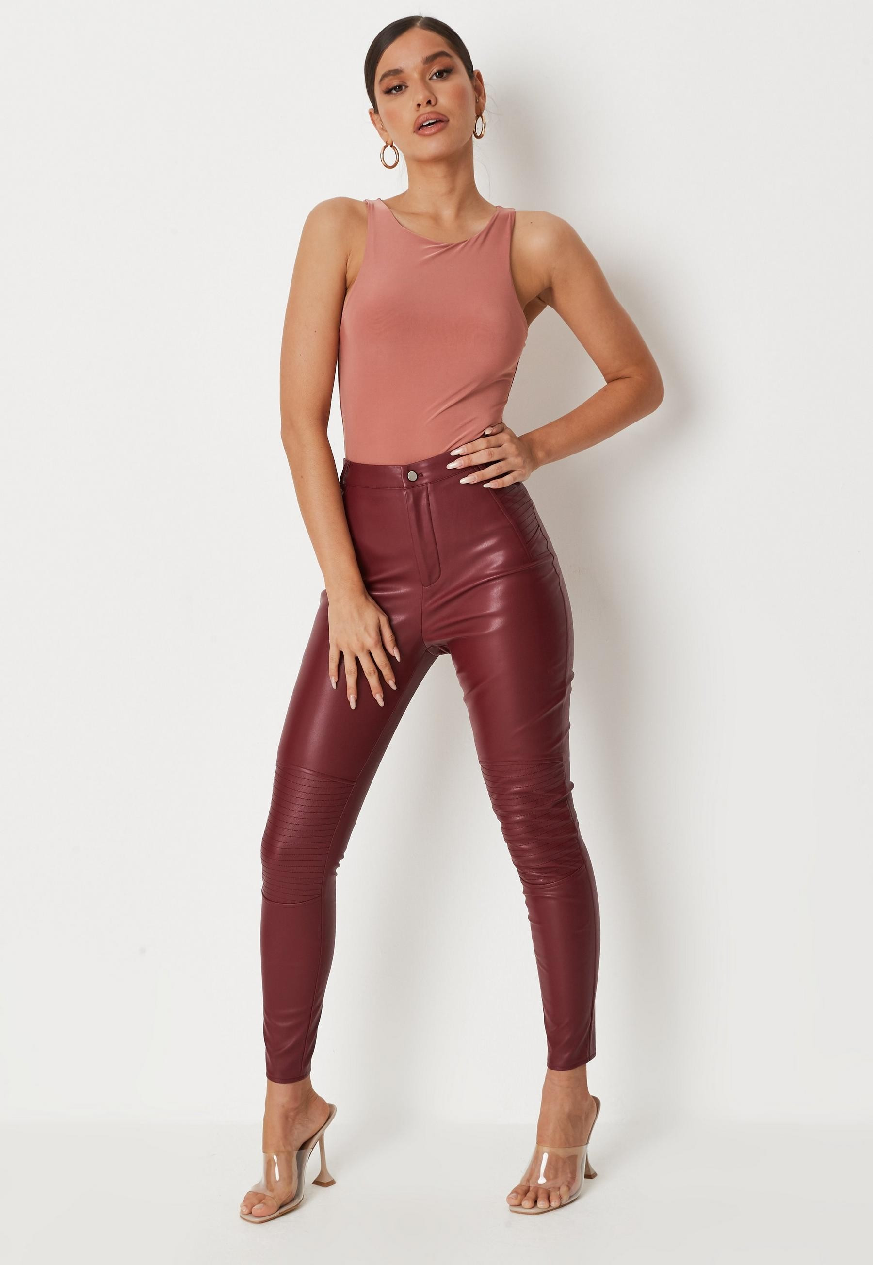 Missguided - Burgundy Faux Leather Slim Leg Biker Pants | Missguided (US & CA)
