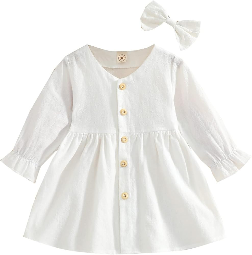 Kupretty Toddler Baby Girl Cotton Linen Fall Dress Plain Long Sleeve Button Down Kids Princess Pa... | Amazon (US)