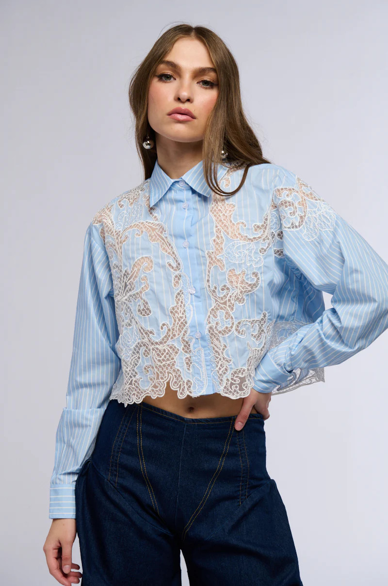 LOVE ME LIKE THAT BUTTON DOWN BLOUSE WITH LACE DETAILING | AKIRA