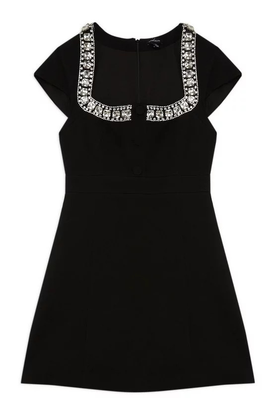 Petite Tailored Embellished Square Neck Mini Dress | Karen Millen | Karen Millen UK + IE + DE + NL