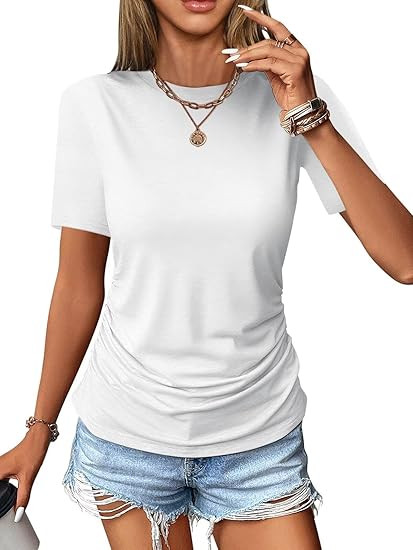 Womens Ruched Tops Short Sleeve T Shirts Crewneck Slim Fitted Top Casual Spring Summer Trendy Clo... | Amazon (US)