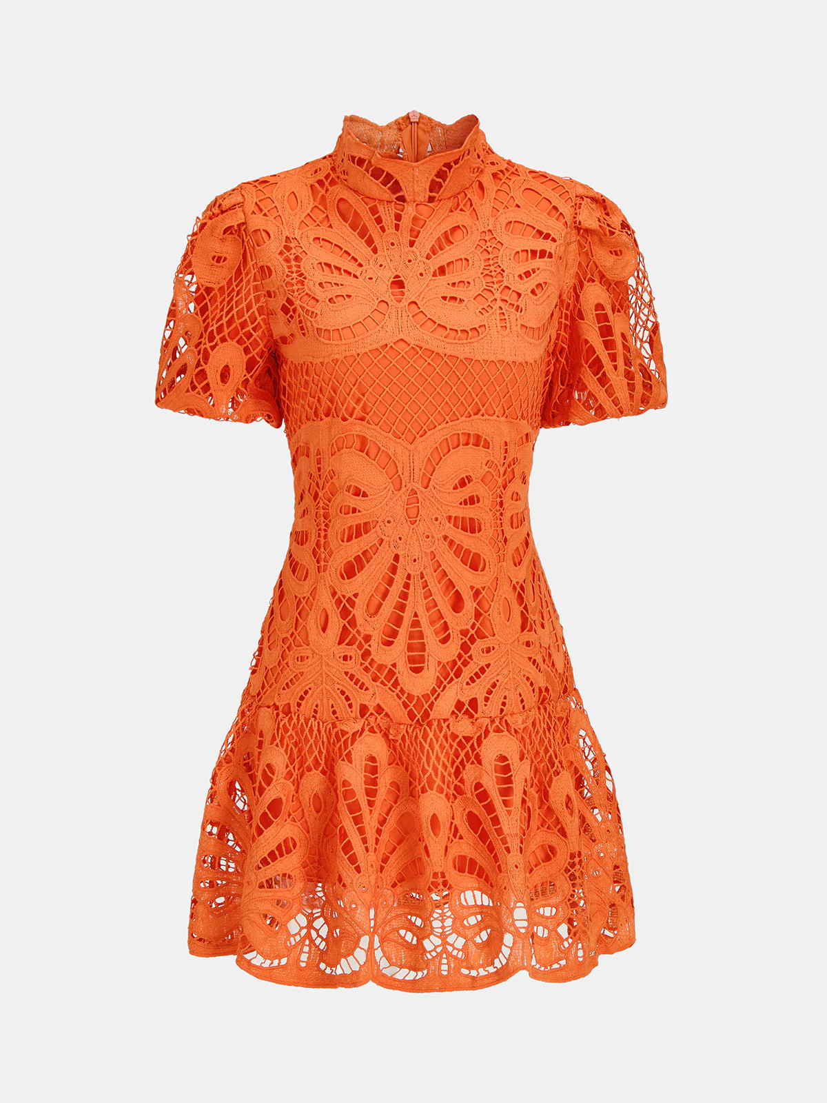High Neck Short Sleeve Guipure Lace Mini Dress | Commense