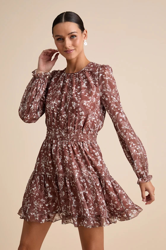 Too Cute Brown Floral Print Smocked Long Sleeve Mini Dress | Lulus