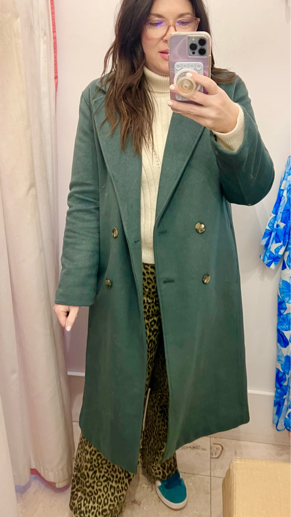 Winter outift - long wool coat - hunter green leopard jeans adidas campus tea - casual Friday office ootd 

#LTKOver40 #LTKStyleTip #LTKMidsize