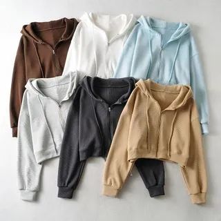 Plain Cropped Zip-Up Hoodie | YesStyle Global