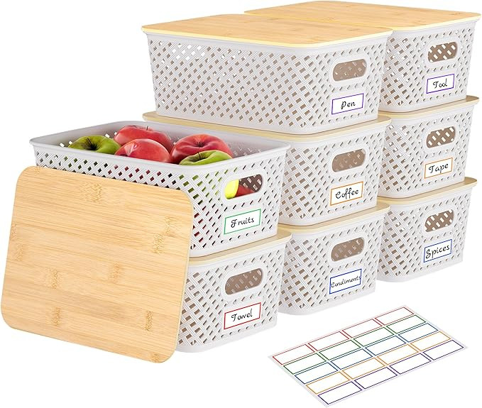 8 Packs Plastic Storage Bins with Bamboo Lids - Stackable Storage Bins Decorative Small Basket Co... | Amazon (US)