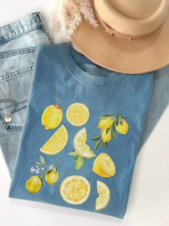 Women's Casual Lemon Graphic Round Neck Short Sleeve T-Shirt, Versatile For Summer | SHEIN