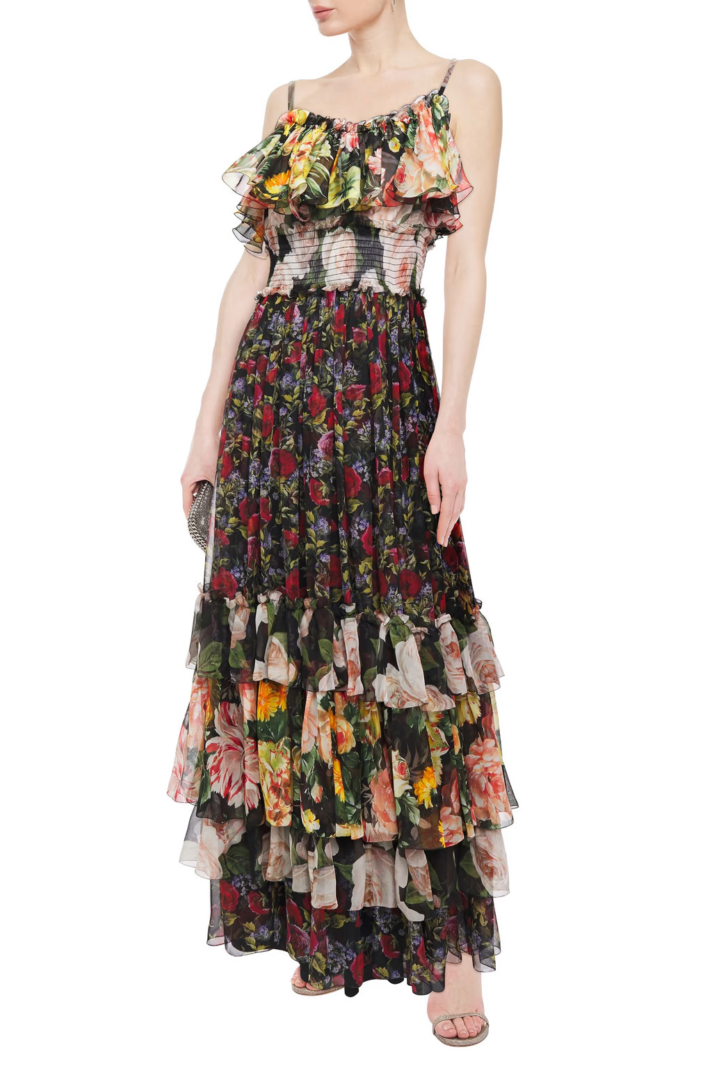 Tiered shirred floral-print silk-voile maxi dress | The Outnet (US and CA)