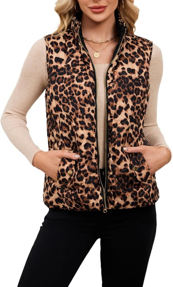 LifeShe Women Leopard Quilted Vest Stand Collar Zip Up Reversible Puffer Vests Sleeveless Padded ... | Amazon (US)