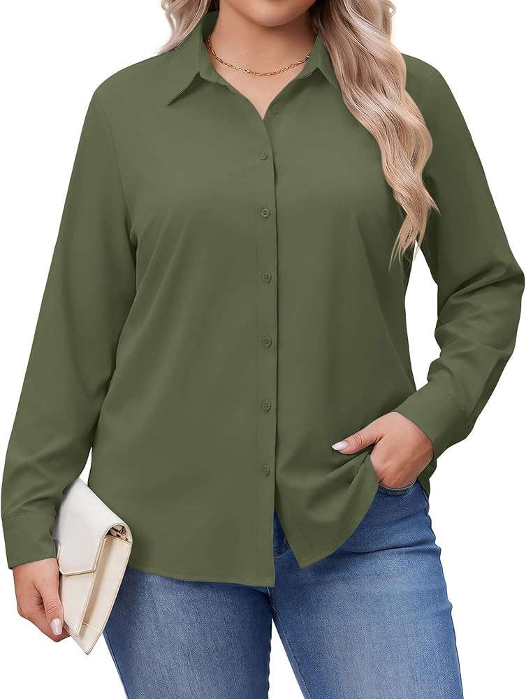 IN'VOLAND Women Plus Size Button Down Shirts Long Sleeve Shirt Office Tops | Amazon (US)