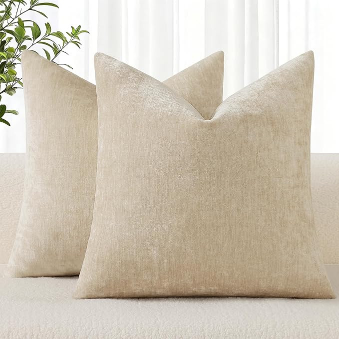 Amazon.com: decorUhome Chenille Beige Throw Pillow Covers 18x18 Inch Set of 2, Decorative Soft Co... | Amazon (US)