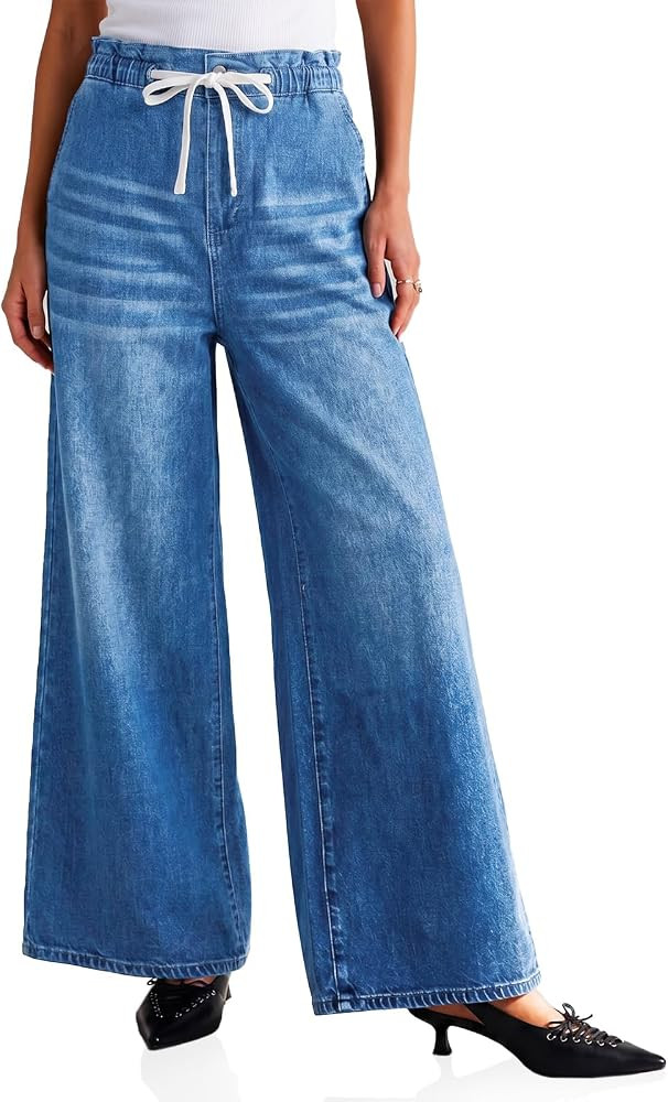 Womens Drawstring Wide Leg Jeans Baggy Trendy Ruffle Elastic High Waisted Denim Pants with Pocket... | Amazon (US)