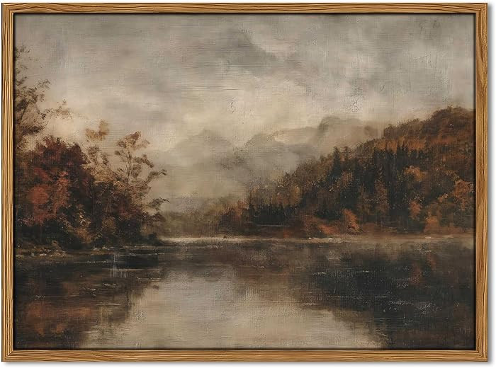 Wood Framed Vintage Wall Art, Moody Lake Forest Landscape Wall Decor Paintings, Nature Mountain P... | Amazon (US)